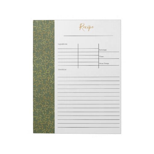 Rustic Green Linen and Gold Leaf Blank Recipe Notepad