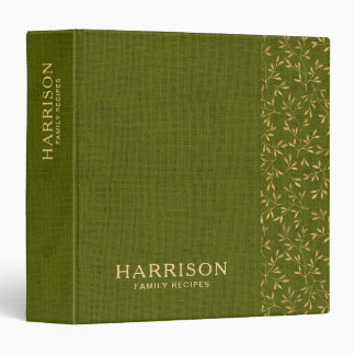 Rustic Green Linen Gold Botanical Family Recipe 3 Ring Binder