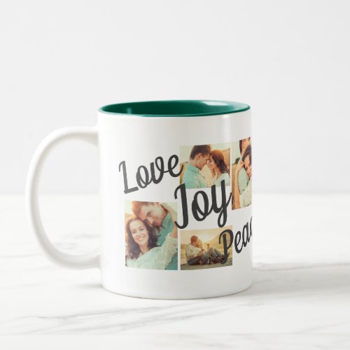 Rustic Green Love Joy Peace Script Holiday 4 Photo Two_Tone Coffee Mug