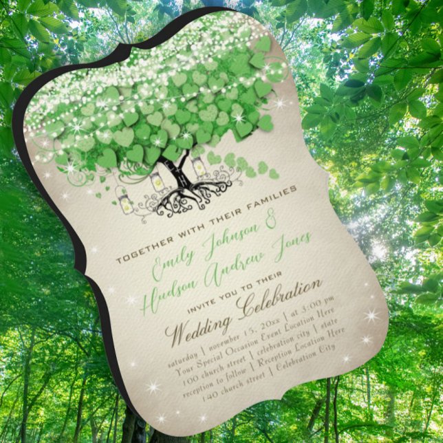 Rustic Green Mason Jar Heart Leaf Tree Wedding Invitation (Creator Uploaded)