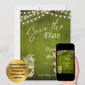 Rustic Green Mason Jar Save The Date Digital Print Invitation by invitationz at Zazzle