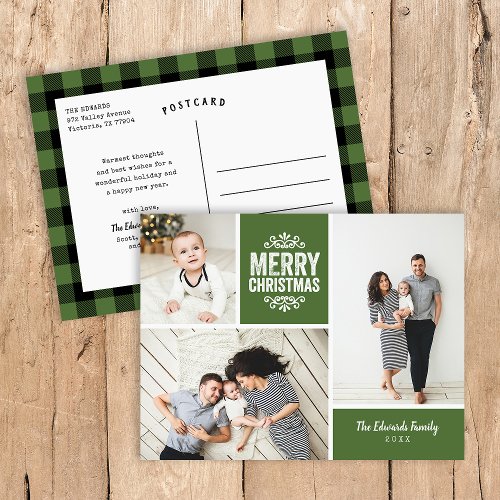 Rustic Green Merry Christmas 3 Photo Collage Holiday Postcard