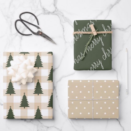 Rustic Green Merry Christmas Tree Holiday Wrapping Paper Sheets