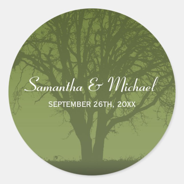 Rustic Green Oak Tree Wedding Favor Label (Front)