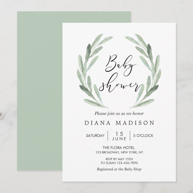 Rustic Green Olive Branch Wreath Baby Shower Invitation (Front/Back)
