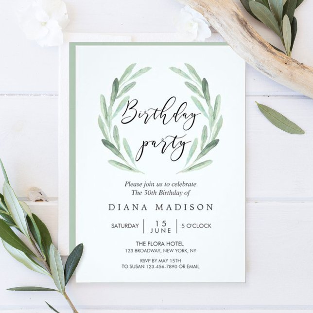 Rustic Green Olive Branch Wreath Birthday Party Invitation (Creator Uploaded)