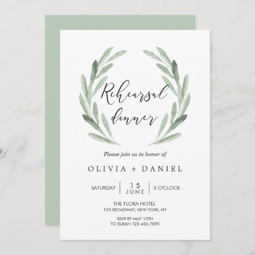 Rustic Green Olive Branch Wreath Rehearsal Dinner Invitation