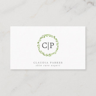 Rustic Green Olive Leaf Wreath Monogram Business Card