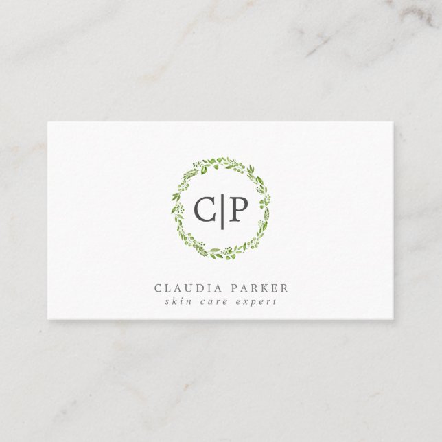 Rustic Green Olive Leaf Wreath Monogram Business Card (Front)