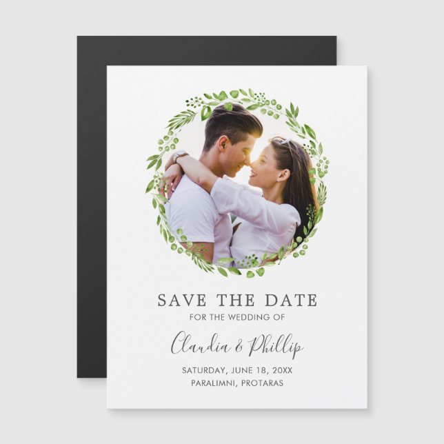 Rustic Green Olive Leaf Wreath Photo Save the Date Magnetic Invitation (Front/Back)