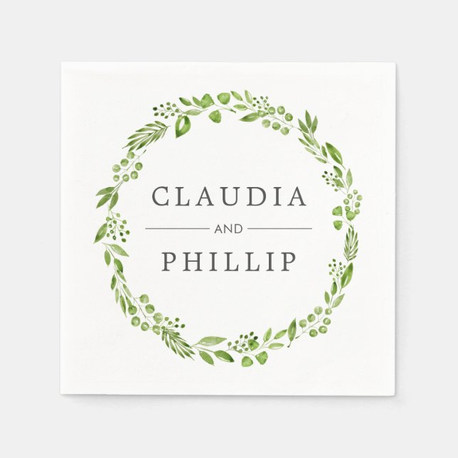 Rustic Green Olive Leaf Wreath Wedding Napkins (Front)