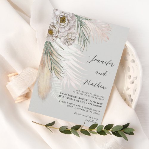 Rustic Green Pampas Grass  White Floral Wedding  Invitation