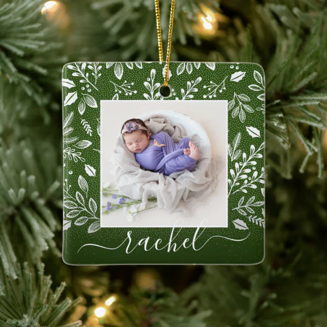 Rustic Green Photo Ornament with Greenery | Zazzle