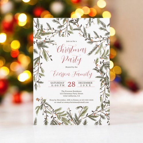 Rustic Green Pine Branches Elegant Christmas Party Invitation