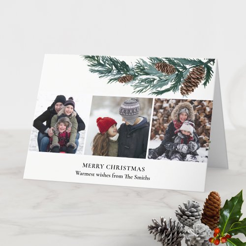 Rustic Green Pine Cone Bough 3 Photo Minimalist Holiday Card