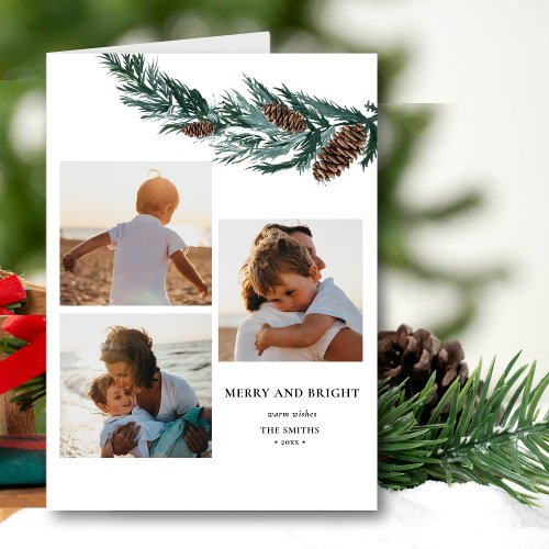 Rustic Green Pine Cone Bough Photo Collage Holiday Card