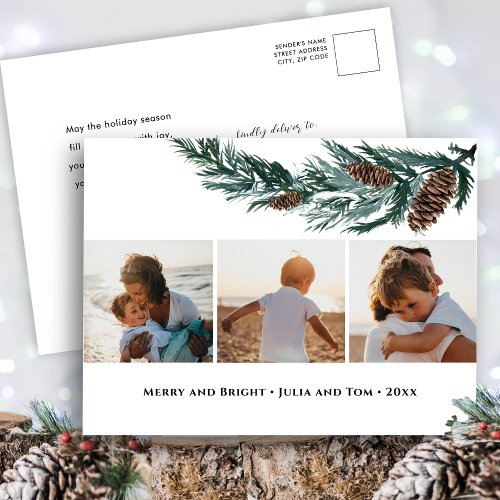 Rustic Green Pine Cone Bough Photo Collage Holiday Postcard