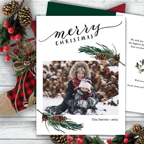 Rustic Green Pine Cone Bough Watercolor Floral Holiday Card