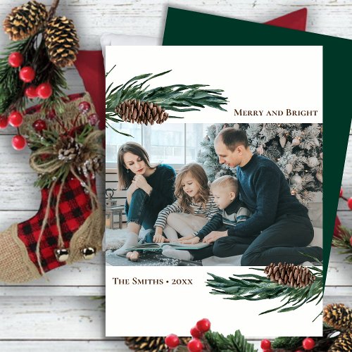 Rustic Green Pine Cone Bough Watercolor Floral Holiday Card