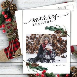 Rustic Green Pine Cone Bough Watercolor Floral Holiday Postcard