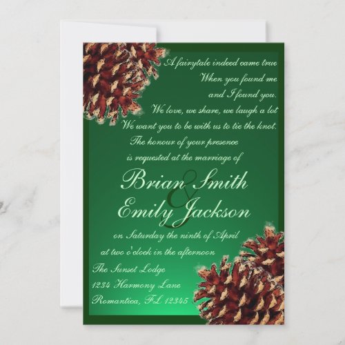 Rustic green pine cone custom wedding invitations