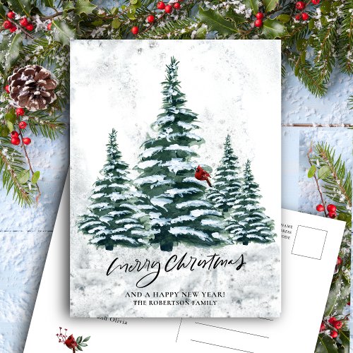 Rustic Green Pine Elegant Script MERRY CHRISTMAS Holiday Postcard