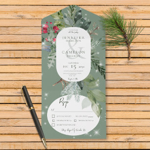 Rustic Green Pine & Holly Winter Sparkle Dinner All In One Invitation
