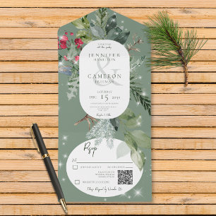 Rustic Green Pine & Holly Winter Sparkle QR Code All In One Invitation
