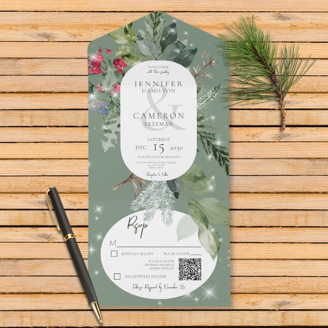 Rustic Green Pine & Holly Winter Sparkle QR Code All In One Invitation (Also available without a QR code; with or without dinner selection options.)