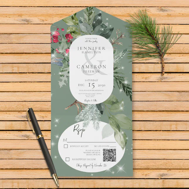 Rustic Green Pine & Holly Winter Sparkle QR Code All In One Invitation ...