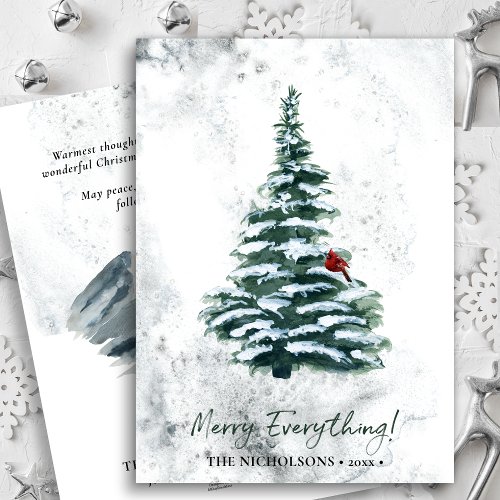 Rustic Green Pine Modern Script MERRY EVERYTHING Holiday Card