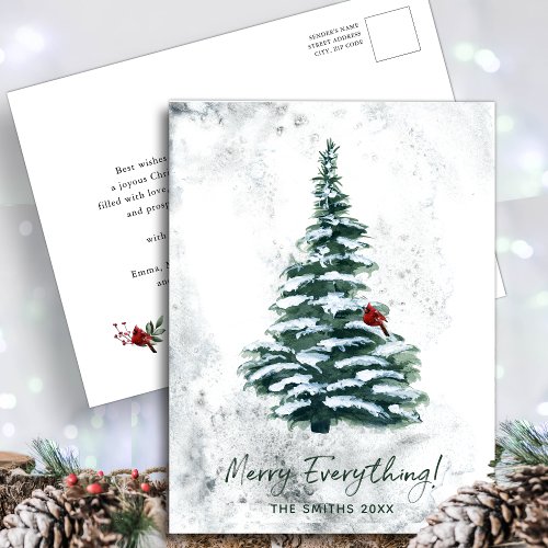 Rustic Green Pine Modern Script MERRY EVERYTHING  Holiday Postcard