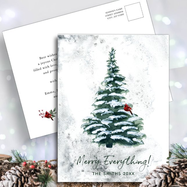 Rustic Green Pine Modern Script MERRY EVERYTHING  Holiday Postcard (Creator Uploaded)