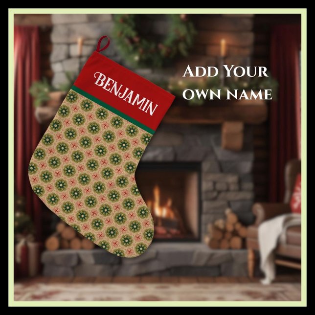 Rustic Green Pine Needles and Red Lace Large Christmas Stocking (Creator Uploaded)