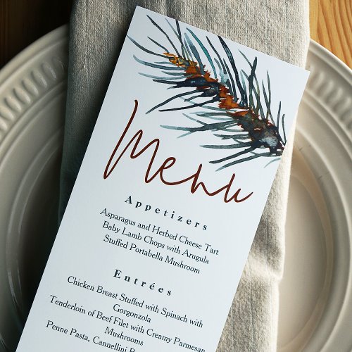 Rustic Green Pine Needles Reception Dinner Menu  Invitation