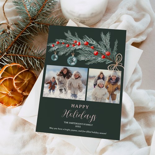 Rustic green pine red happy holidays 3 photos holiday card