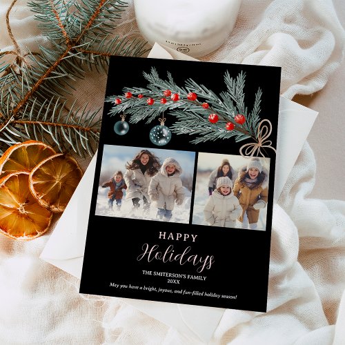 Rustic green pine red happy holidays 3 photos holiday card