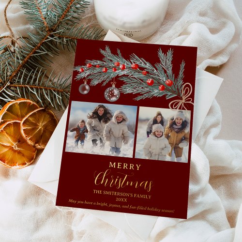 Rustic green pine red Merry Christmas 3 photos Foil Holiday Card