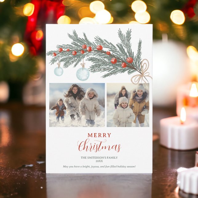 Rustic green pine red Merry Christmas 3 photos Holiday Card (Rustic green pine red Merry Christmas 3 photos Holiday Card)