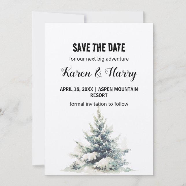 Rustic Green Pine Tree Snow Save The Date Outdoor Invitation (Front)
