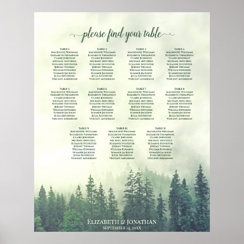 Rustic Green Pine Trees 11 Table Seating Chart