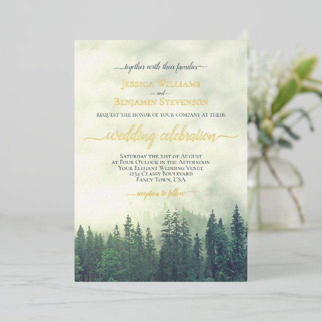 Rustic Green Pine Trees Elegant Wedding  Foil Invitation (Standing Front)