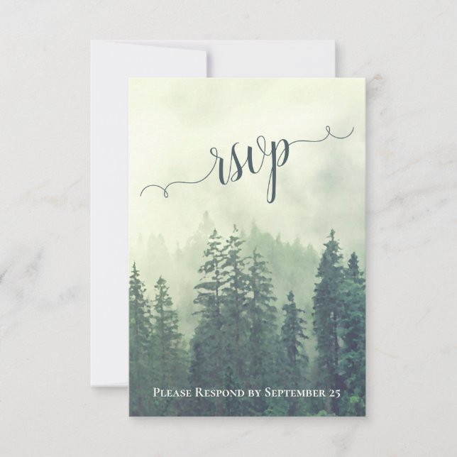 Rustic Green Pine Trees Mountain Woodland Wedding RSVP Card (Front)