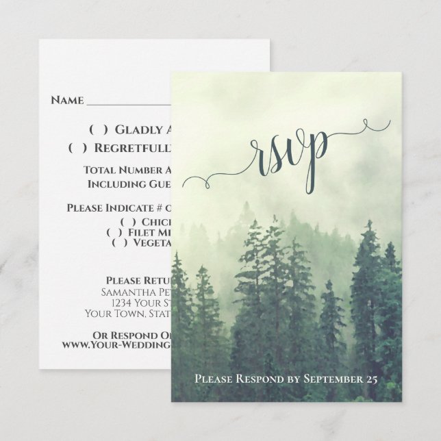 Rustic Green Pine Trees Mountain Woodland Wedding RSVP Card (Front/Back)