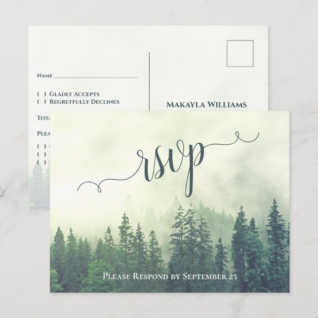 Rustic Green Pine Trees Outdoor Wedding RSVP Postcard