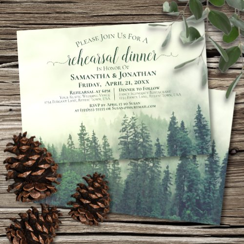 Rustic Green Pine Trees Wedding Rehearsal  Dinner Invitation