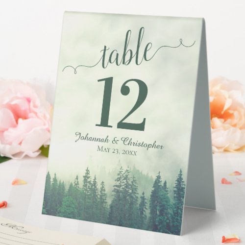 Rustic Green Pine Trees Wedding Table Number Table Tent Sign