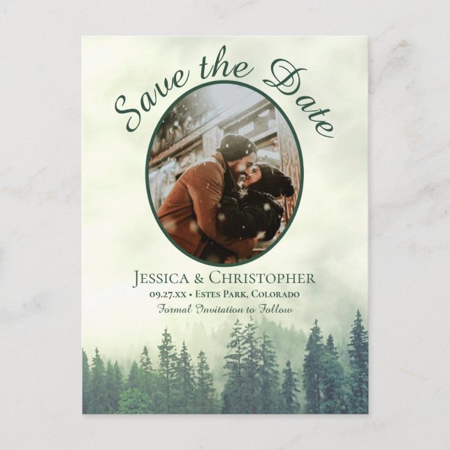 Rustic Green Pine Wedding Save the Date Oval Photo Announcement Postcard (Front)