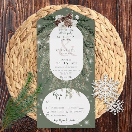 Rustic Green Pine Winter Sparkle Dinner All In One Invitation