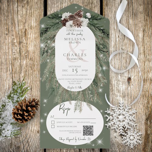 Rustic Green Pine Winter Sparkle QR Code All In One Invitation